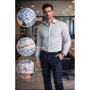 Robert Graham Men's classic Fit Button down shirt XL Whie blue check long sleeve